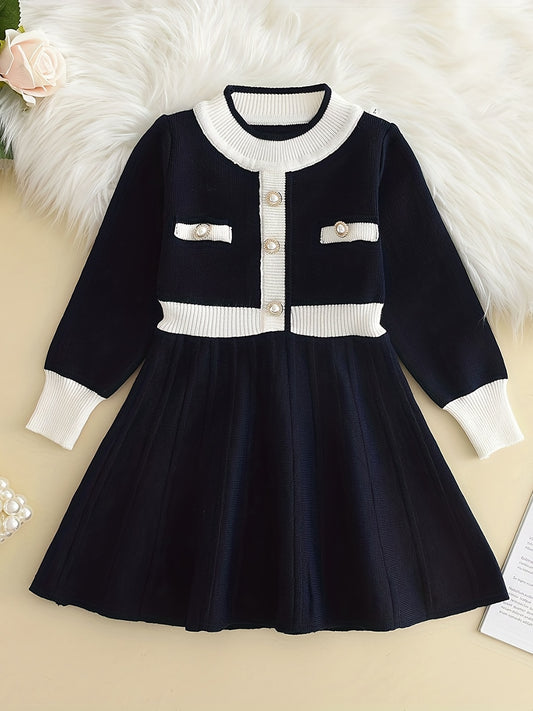 Girls' Knit Pearl Buttons Long Sleeve Sweater Dress
