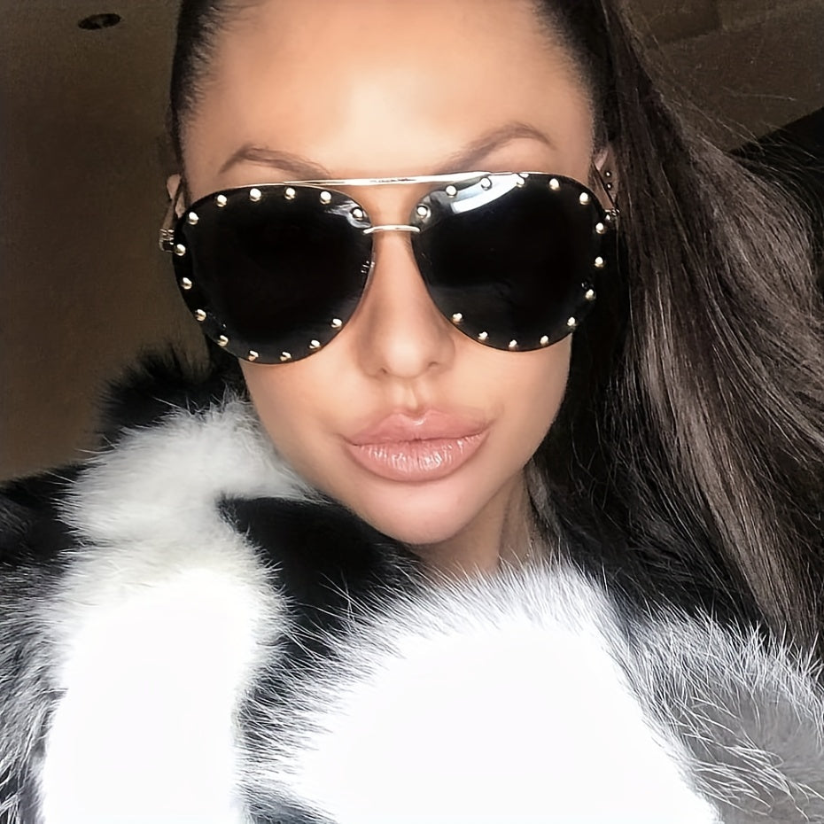 Aviator Sunglasses Rivet Decor Semi Rimless UV400