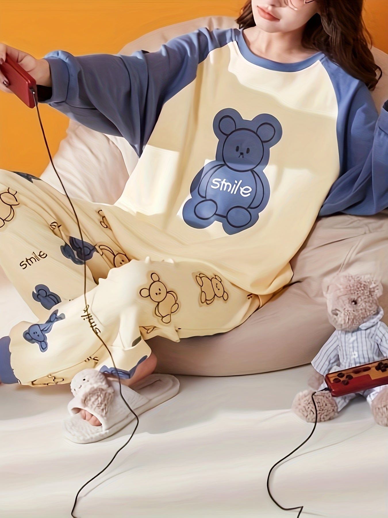 Bear Print Pajama Set Long Sleeve Top & Pants Women's Sleepwear