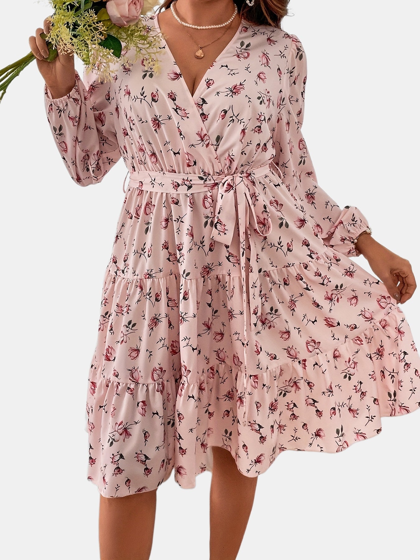 Women's Plus Ditsy Print Long Sleeve Smock Dress