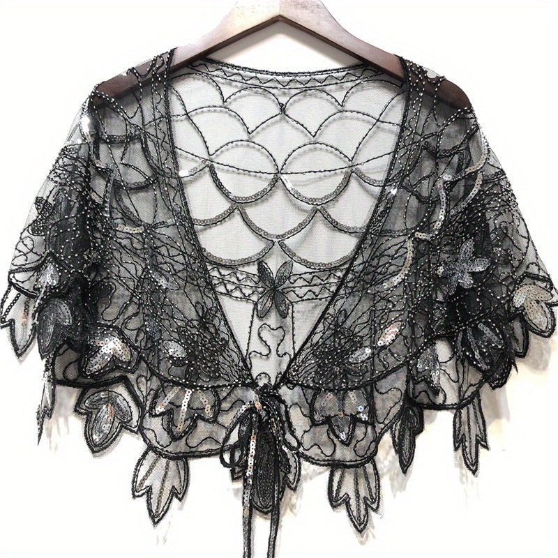 Vintage Sparkly Shawl Wraps Beaded Sequin Boho Evening Cape Mesh