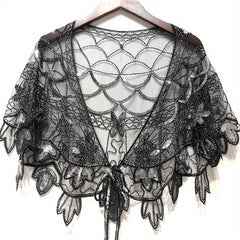 Vintage Sparkly Shawl Wraps Beaded Sequin Boho Evening Cape Mesh