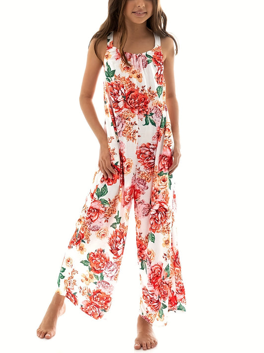 Girls Boho Floral Maxi Backless Jumpsuit Teen Wide Leg Rompers