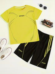 2pcs Boys Sport Outfit Short Sleeves Round Neck T shirt & Shorts Casual