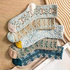 5 Pairs Retro Style 3D Textured Mid Tube Socks Women's Stockings