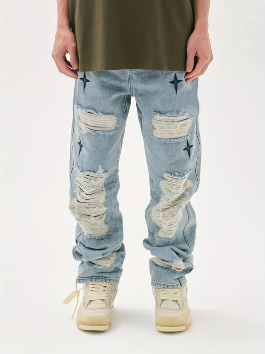 Star Pattern Ripped Jeans Men s Casual Street Style Denim Pants