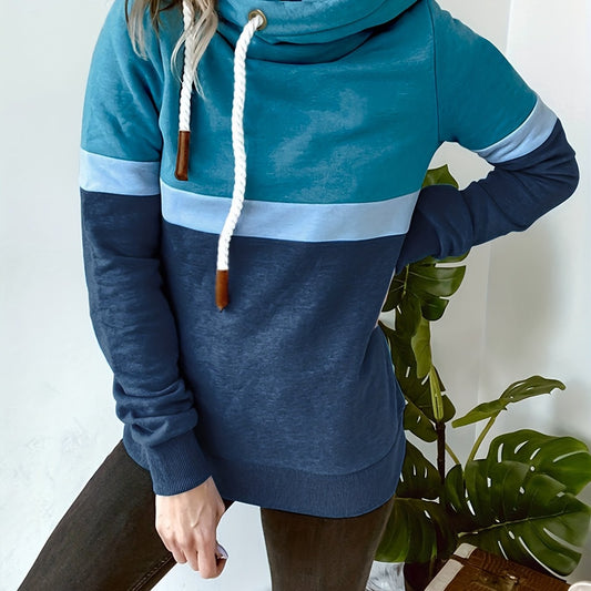 Block Turtle Neck Hoodie Casual Long Sleeve Drawstring Hoodies
