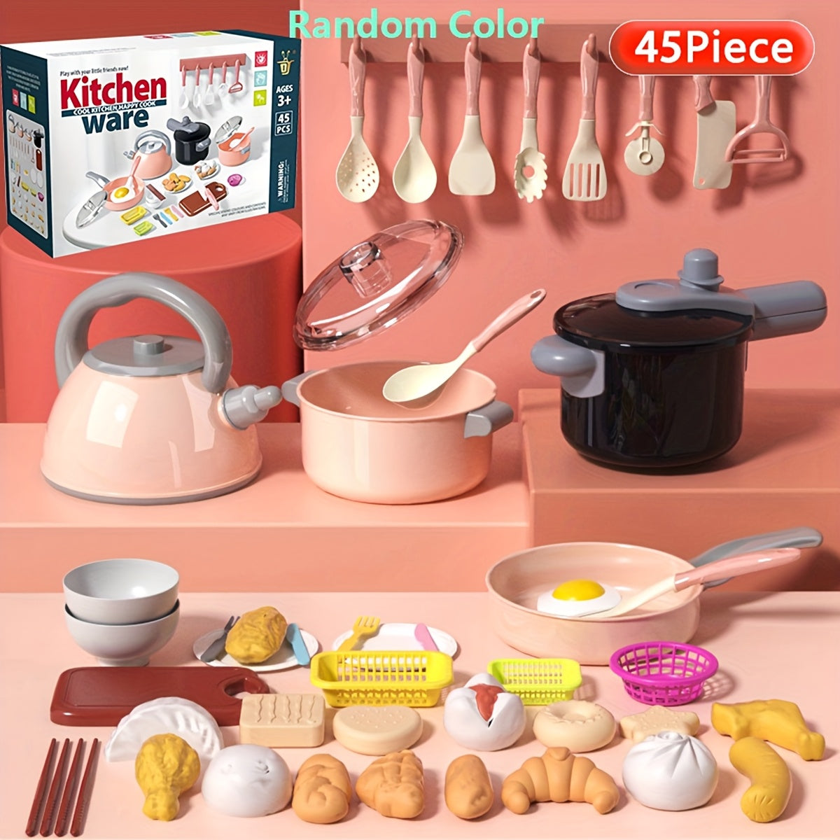 Kids Play Kitchen Cooking Utensils Set with Fruits and Food