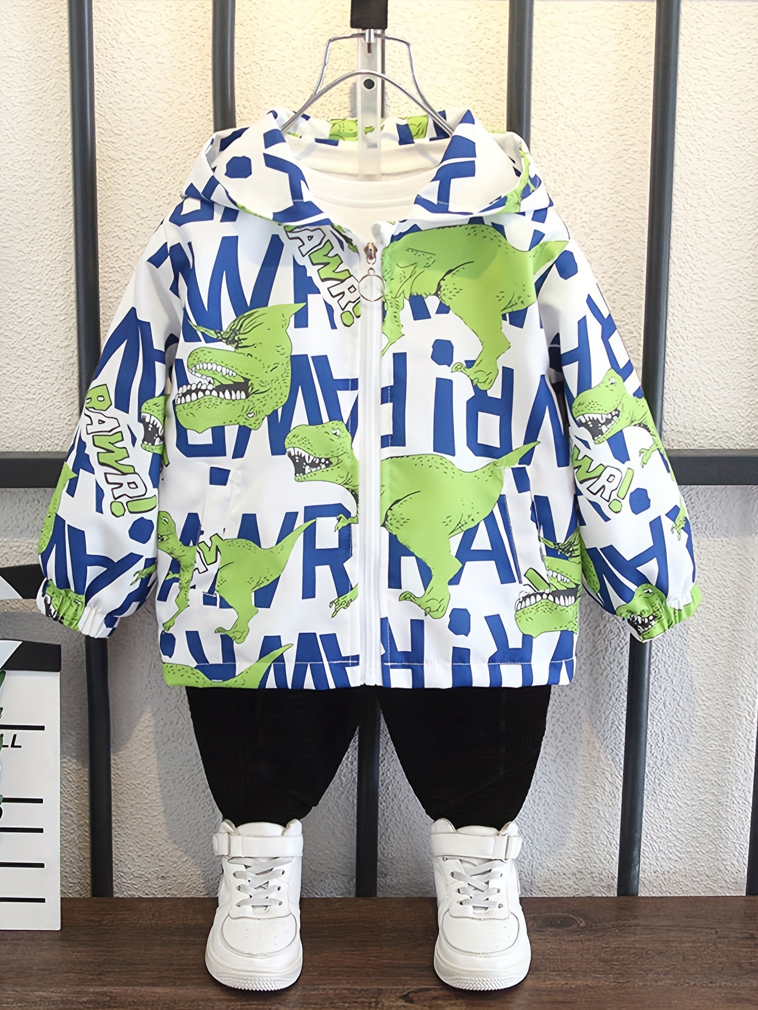 Boys Dinosaur Windbreaker Hooded Jacket Full Print Long Sleeve Zip Up Waterproof