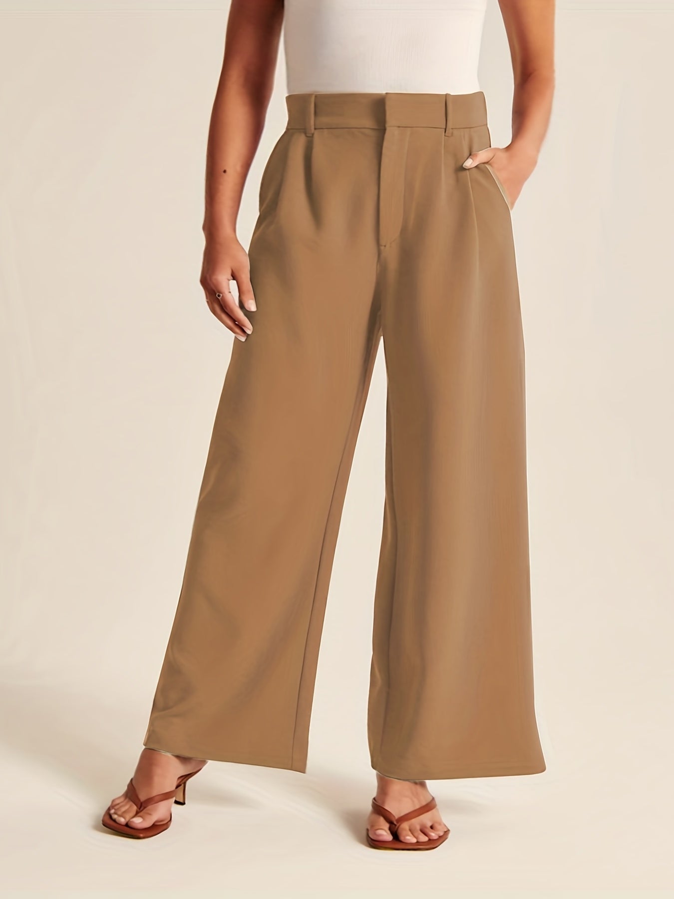  Solid High Rise Wide Leg Trousers With Pockets