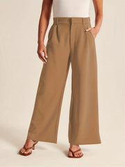  Solid High Rise Wide Leg Trousers With Pockets