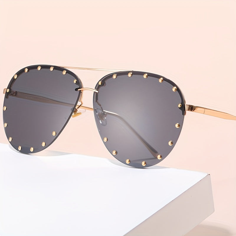 Aviator Sunglasses Rivet Decor Semi Rimless UV400