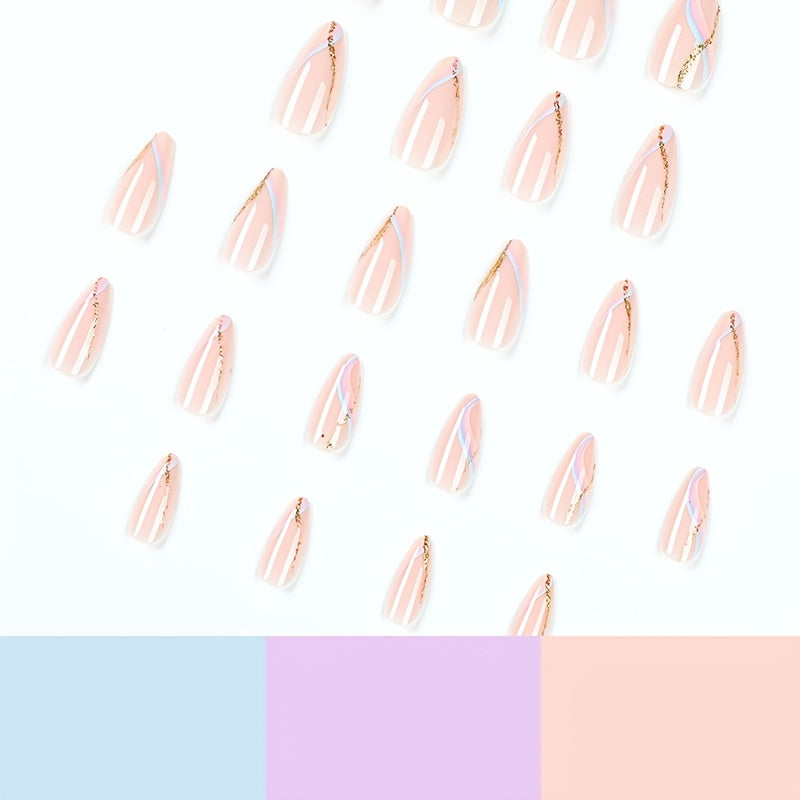 24 Pcs Almond False Nails Glossy Designs Full Cover Acrylic Manicure Pink