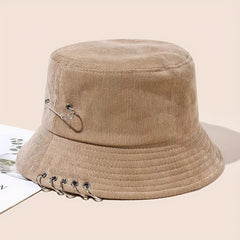 Unisex Hip Hop Bucket Hat Pin Brooch Decor Solid Cotton Basin Hat