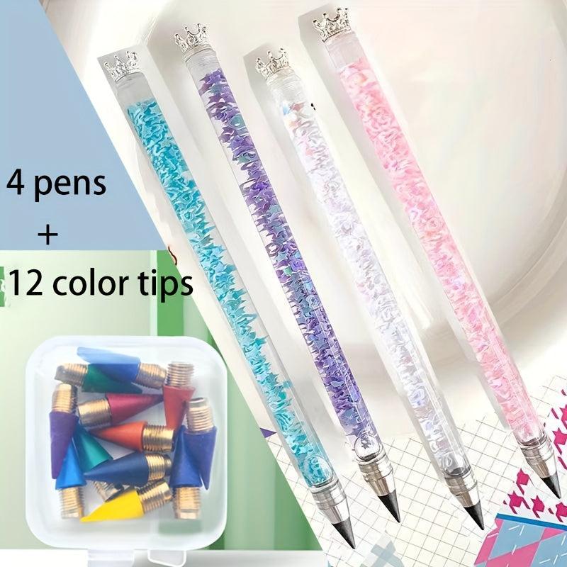12pcs Inkless Eternal Pencils w/ Sequin, Var. Colors, School & Office Writing
