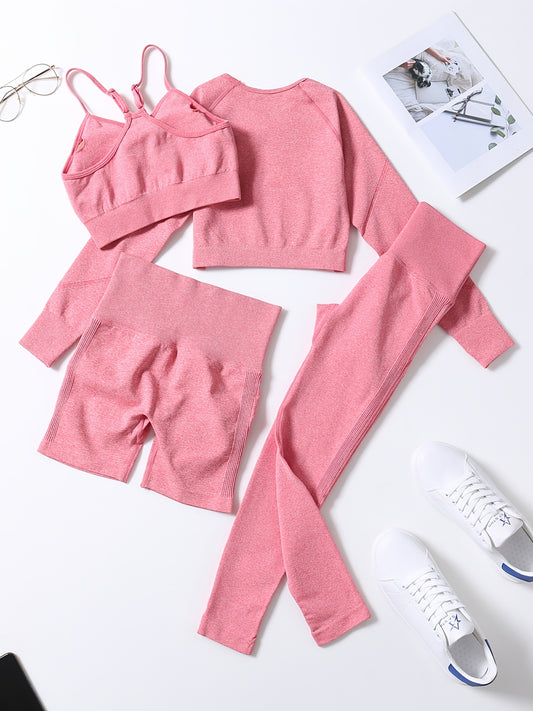 4 Pc Ribbed Seamless Crop Tank High Waist Yoga Leggings Set