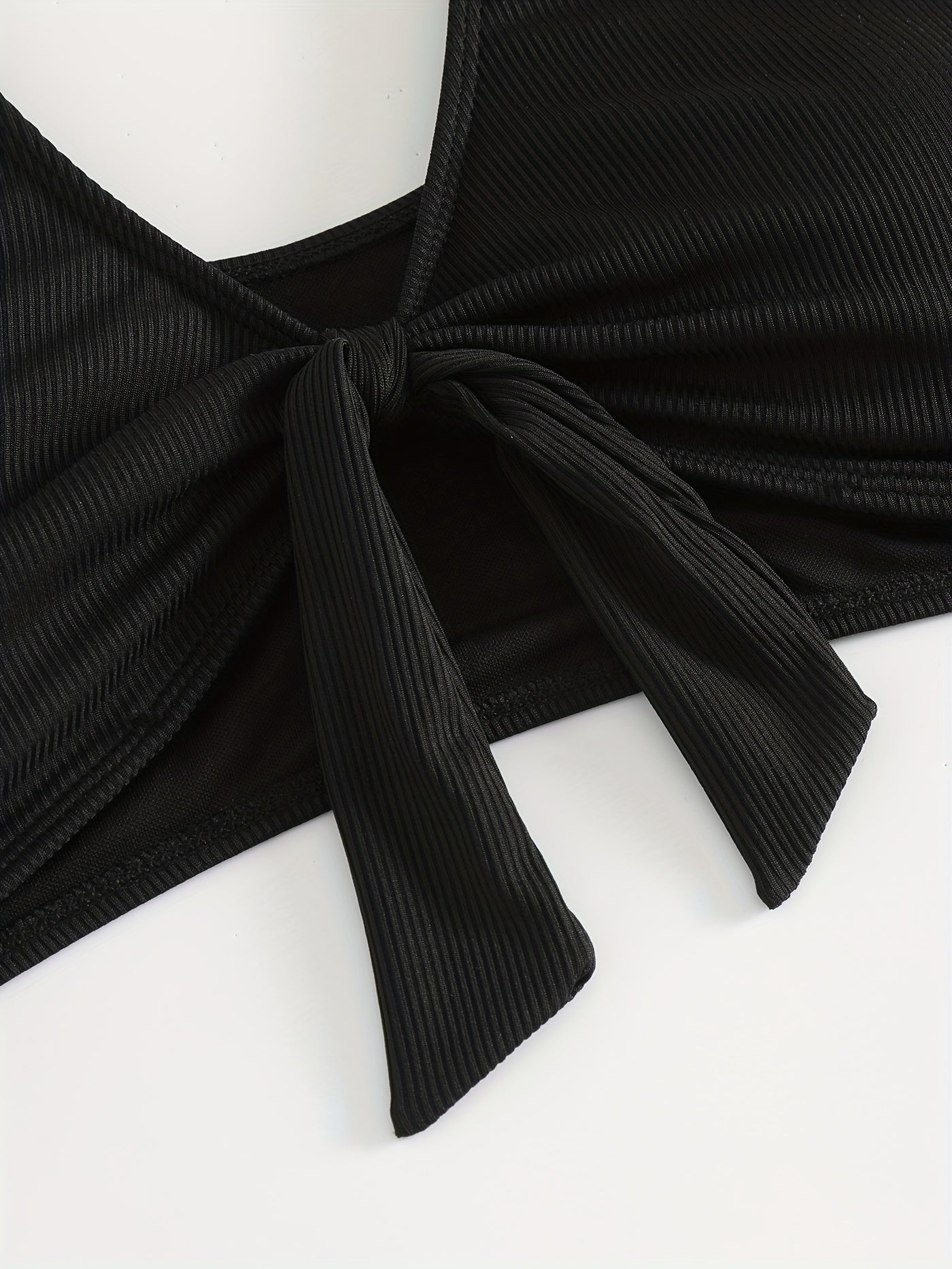  Ribbed Knit Bow Front V Neck Bikini Top