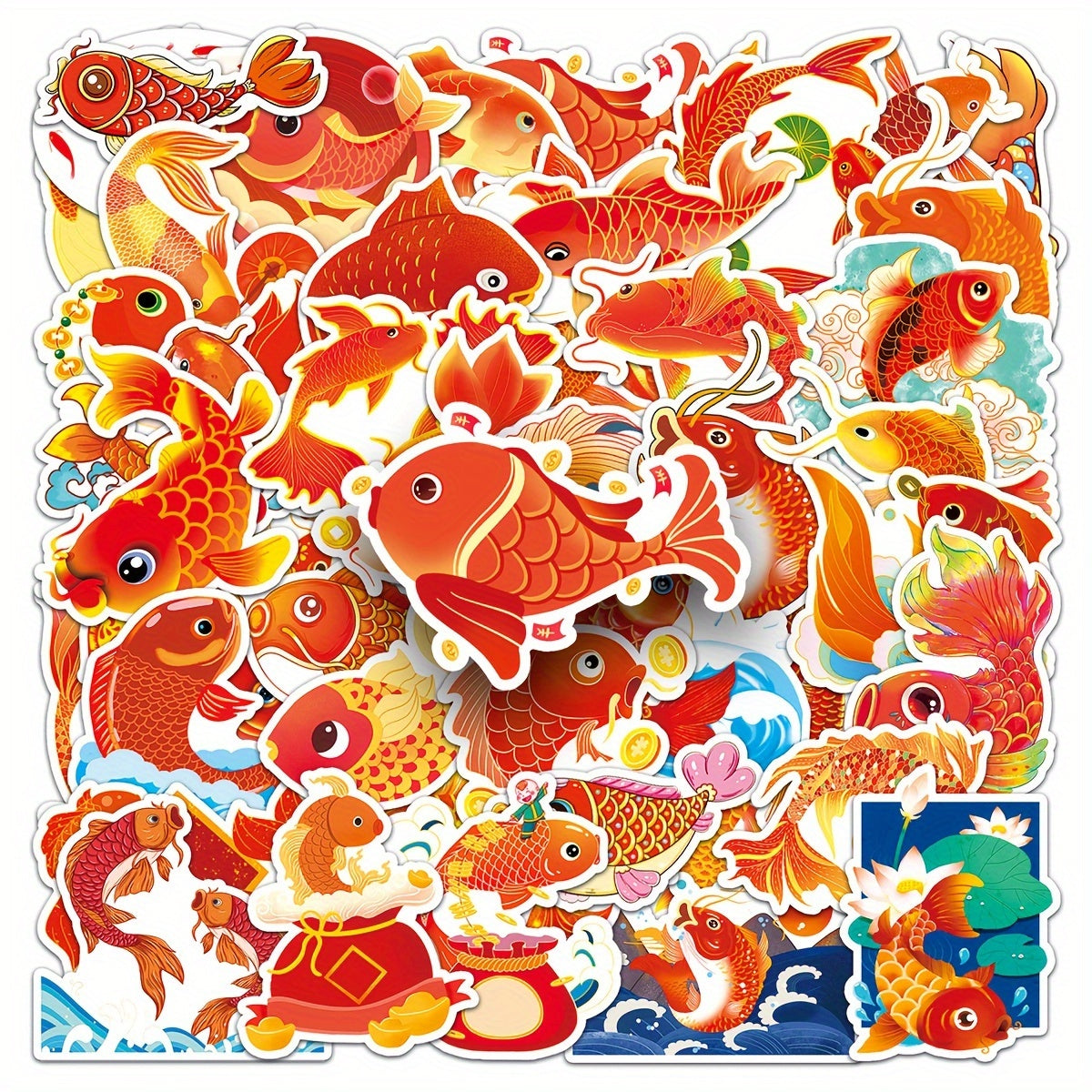 50pcs Koi Cartoon Animal Hand-painted Stickers For Journal Water Cup Skateboard