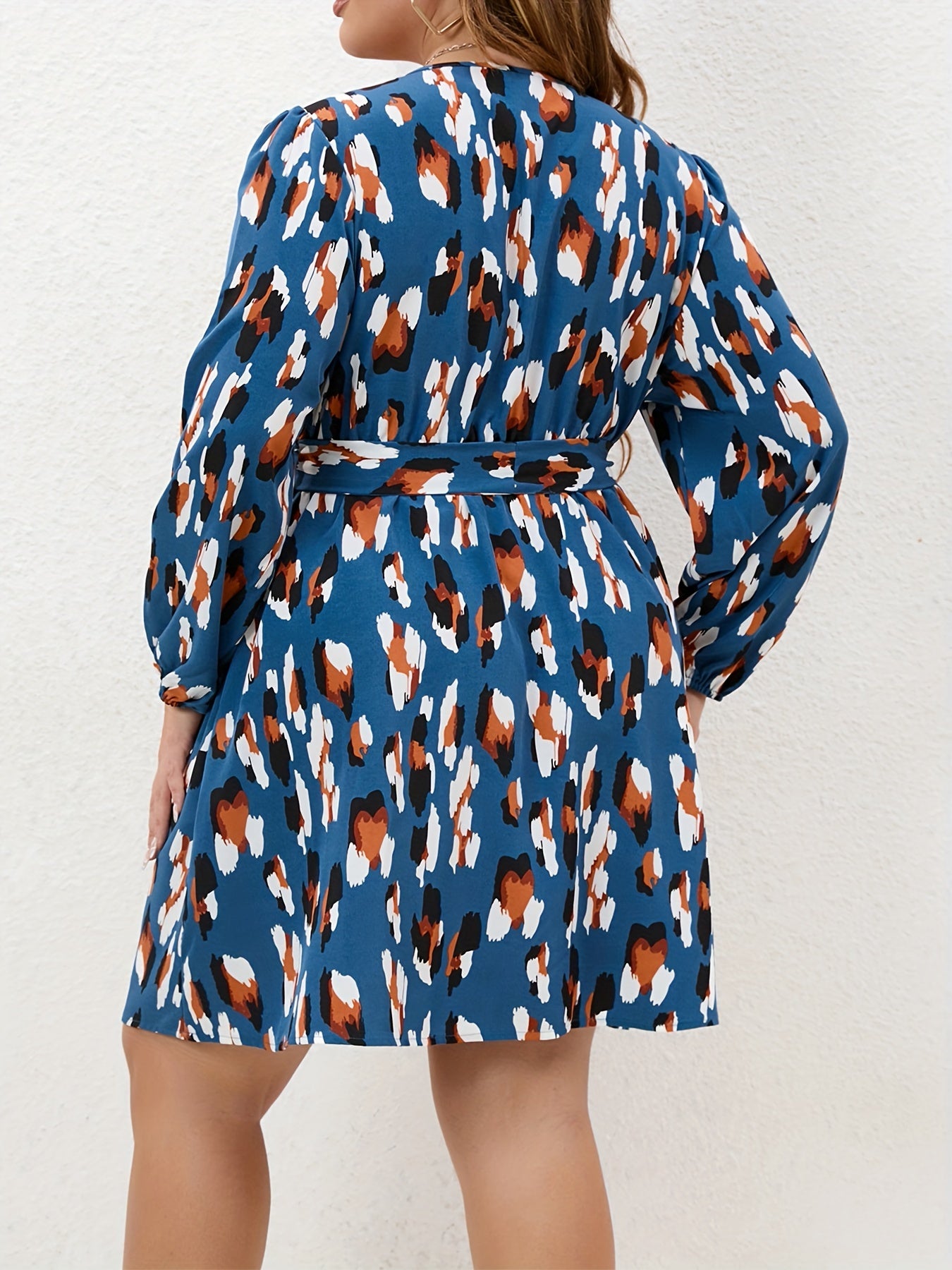 Plus Size Leopard Print Lantern Sleeve A-line Dress With Belt