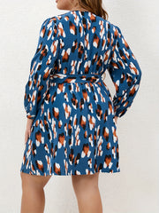 Plus Size Leopard Print Lantern Sleeve A-line Dress With Belt