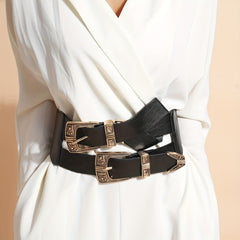 Double Layer Buckle Waistband Elastic Wide Belt Gothic Women Corset Dress Girdle