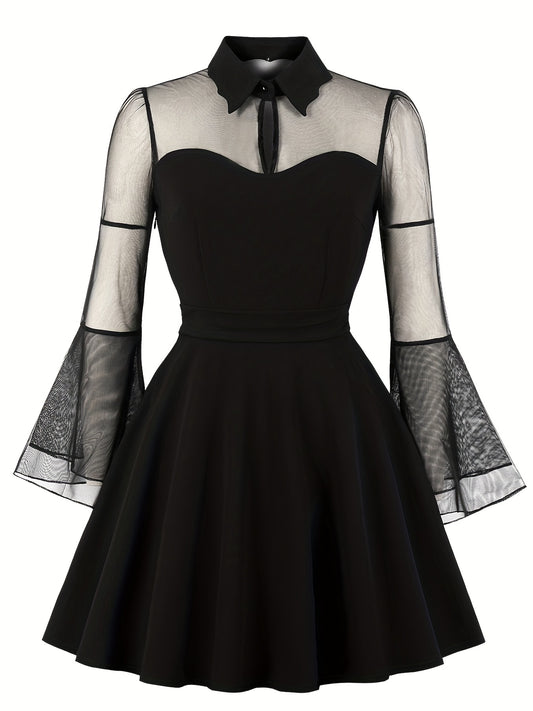  Contrast Mesh Sleeve Polo Neck Dress