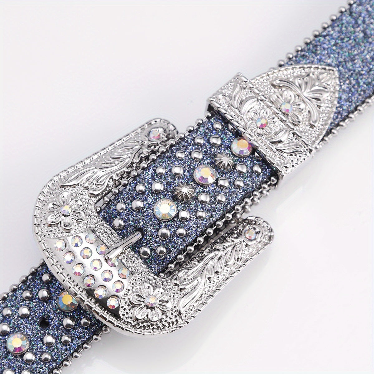 Beaded Side Leather Belt with Artificial Diamond Inlay