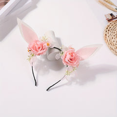 Elf Ears Headband With Flower Sweet Floral Rabbit Ears Head Hoop