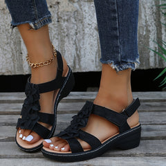 Women's Flower T Strap Wedge Sandals