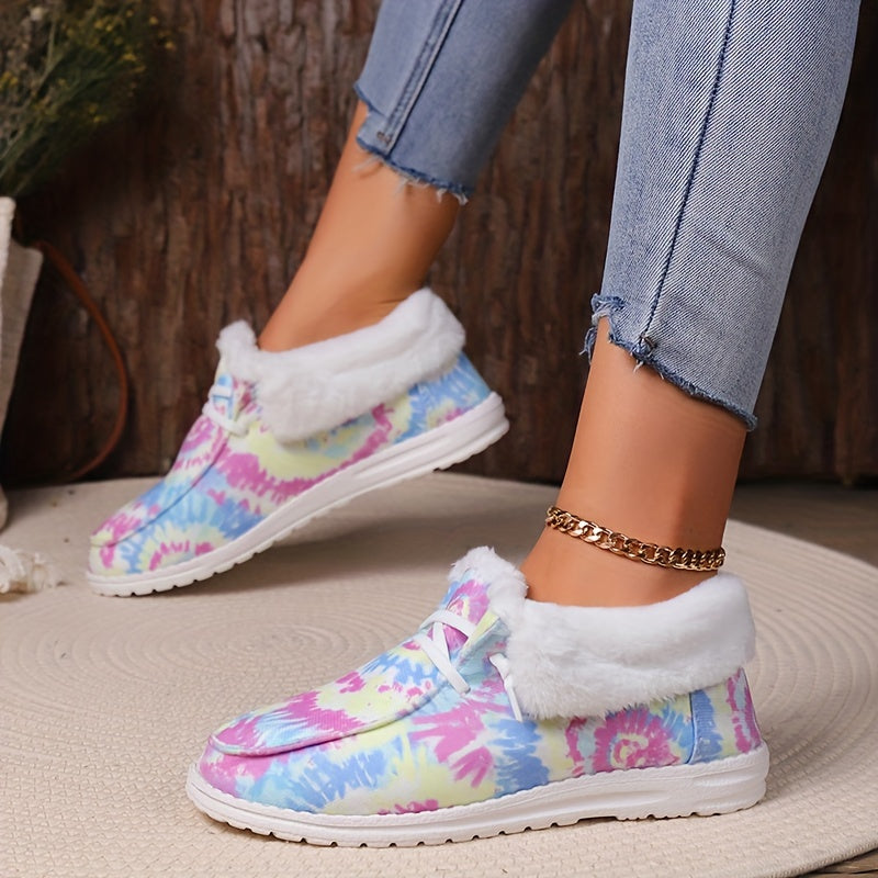 Women's Tie Dye Fluffy Snow Boots Warm & Comfy Slip On Flat Shoes