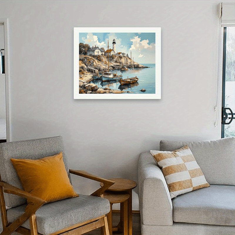 Coastal Lighthouse DIY Paint by Numbers Kit - Seaside Harbor Boat Painting