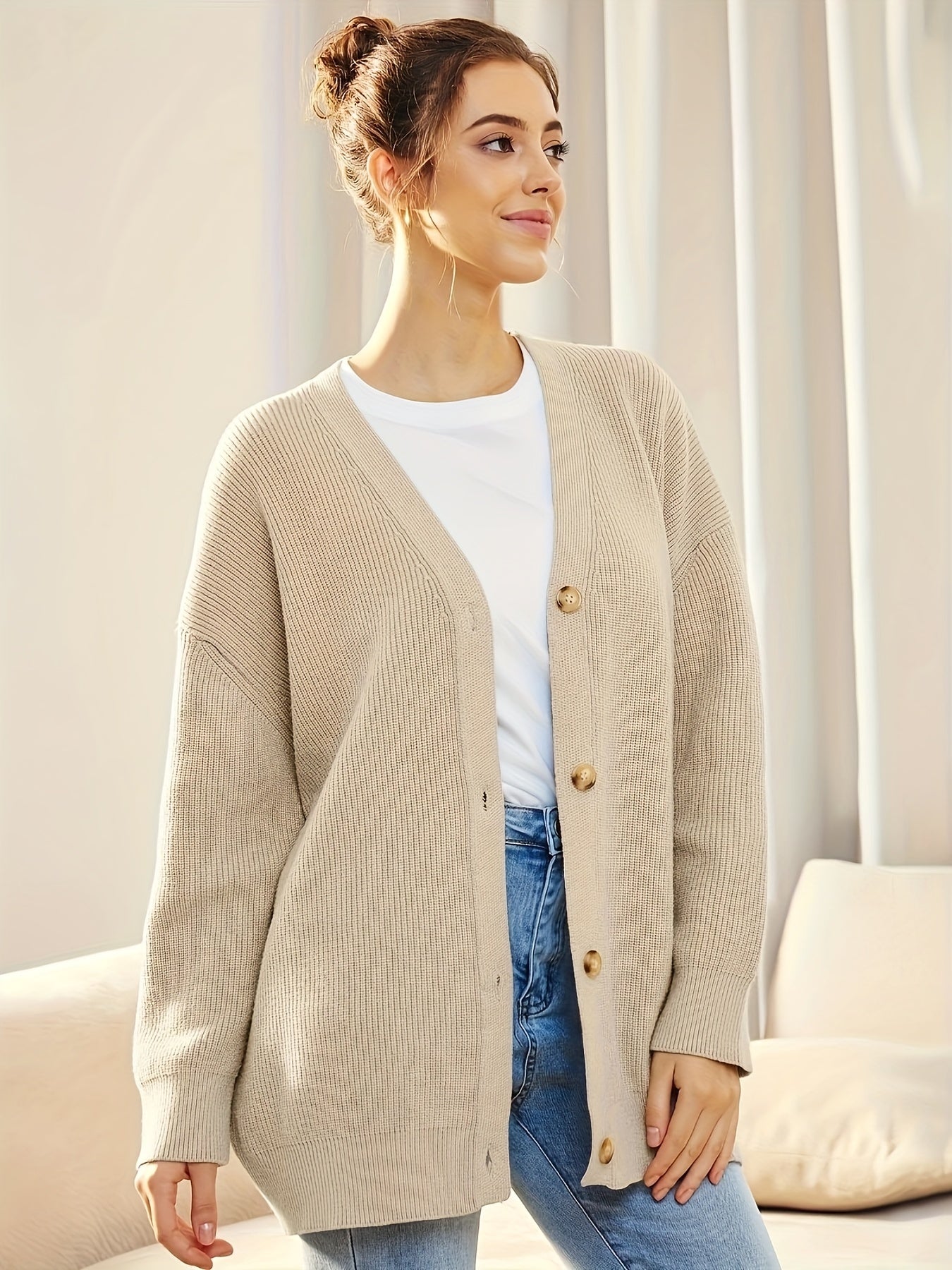  Solid Knit Long Sleeve Button Up Cardigan
