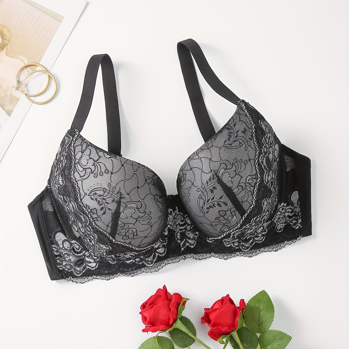  Floral Lace Push Up Underwire Bra
