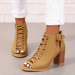 Women's Chunky Heeled Sandals Peep Toe Cut out Buckle Strap Retro High Heels