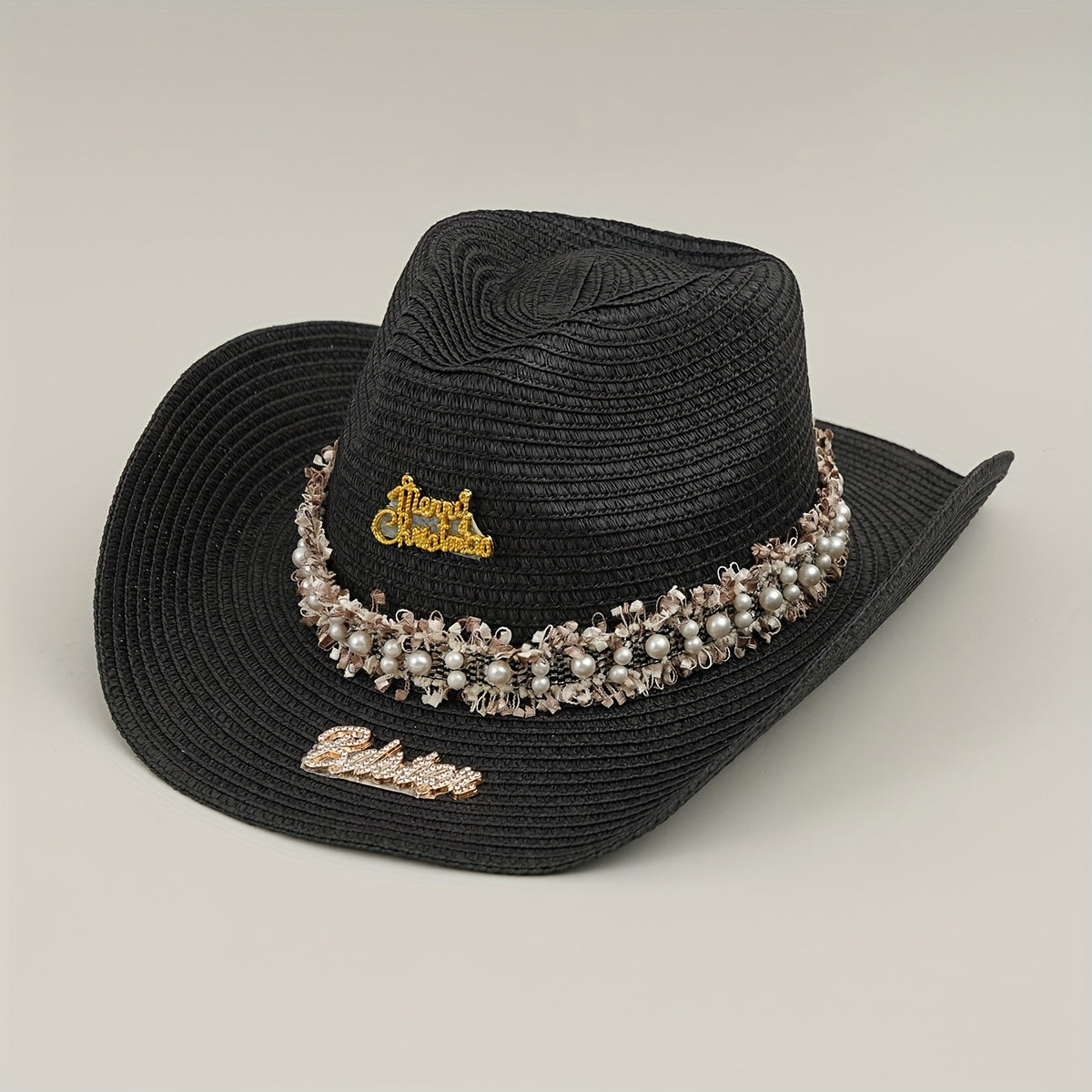 Rhinestone Bride Cowboy Hat Faux Pearl Lace Hatband Decor Straw Jazz Hat