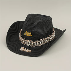 Rhinestone Bride Cowboy Hat Faux Pearl Lace Hatband Decor Straw Jazz Hat
