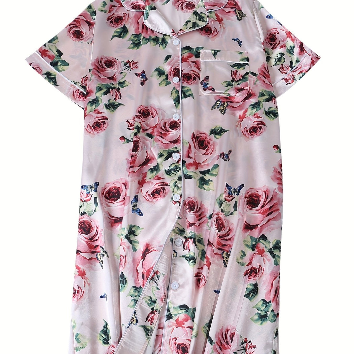  Satin Rose Print Nightshirt with Pocket