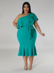 Plus Size One Shoulder Ruffle Mermaid Dress with Belt