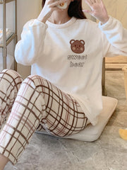 Teddy Bear Pattern Pajamas & Plaid Pants Set