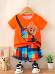 Preppy Kids Bear Graphic T-shirt & Plaid Shorts Set