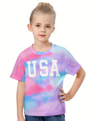 Girls Boys 3D Tie Dye Letter Graphic Short Sleeve T shirt