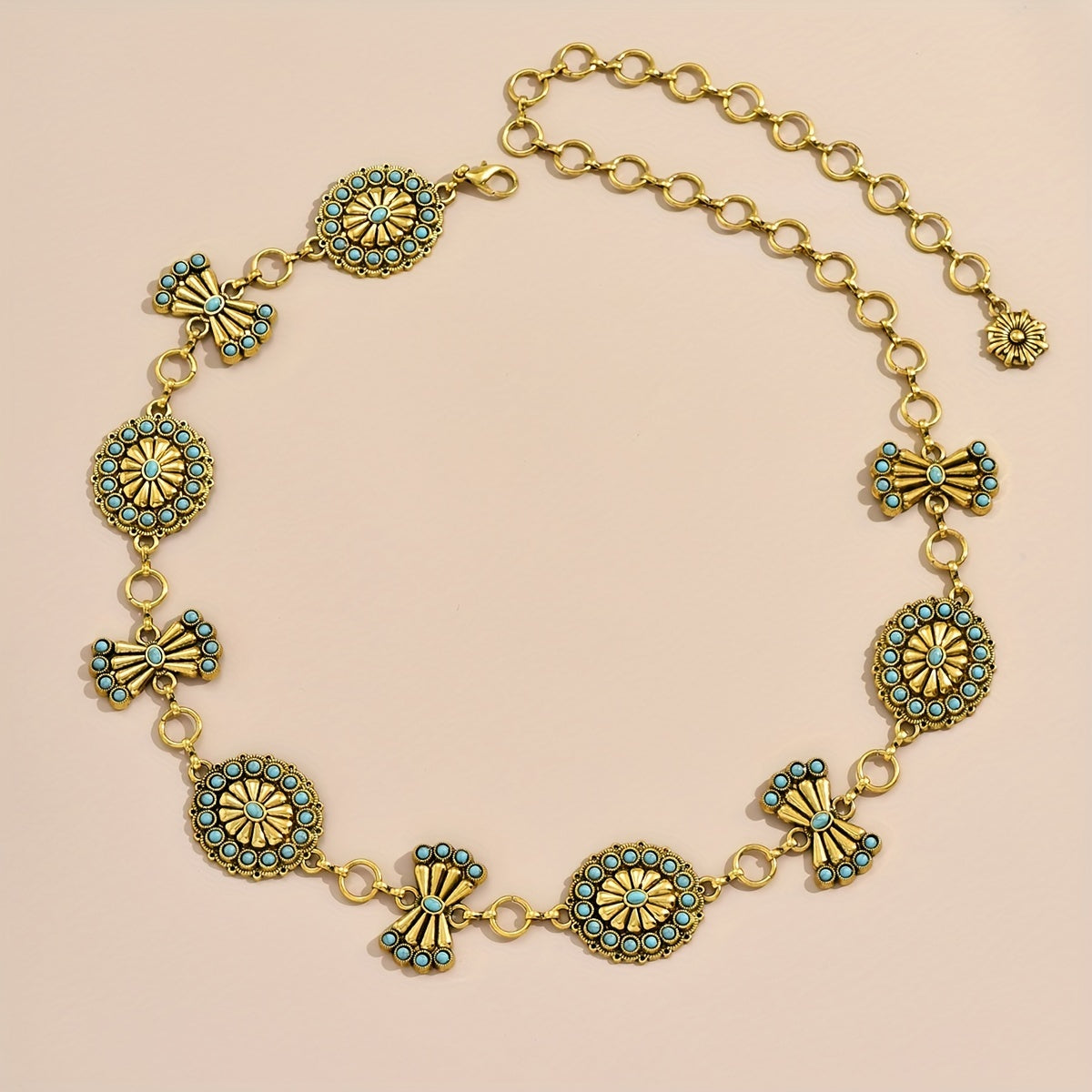 Turquoise Inlay Flower Metal Chain Vintage Bow Carved Belly Chain