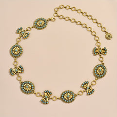 Turquoise Inlay Flower Metal Chain Vintage Bow Carved Belly Chain