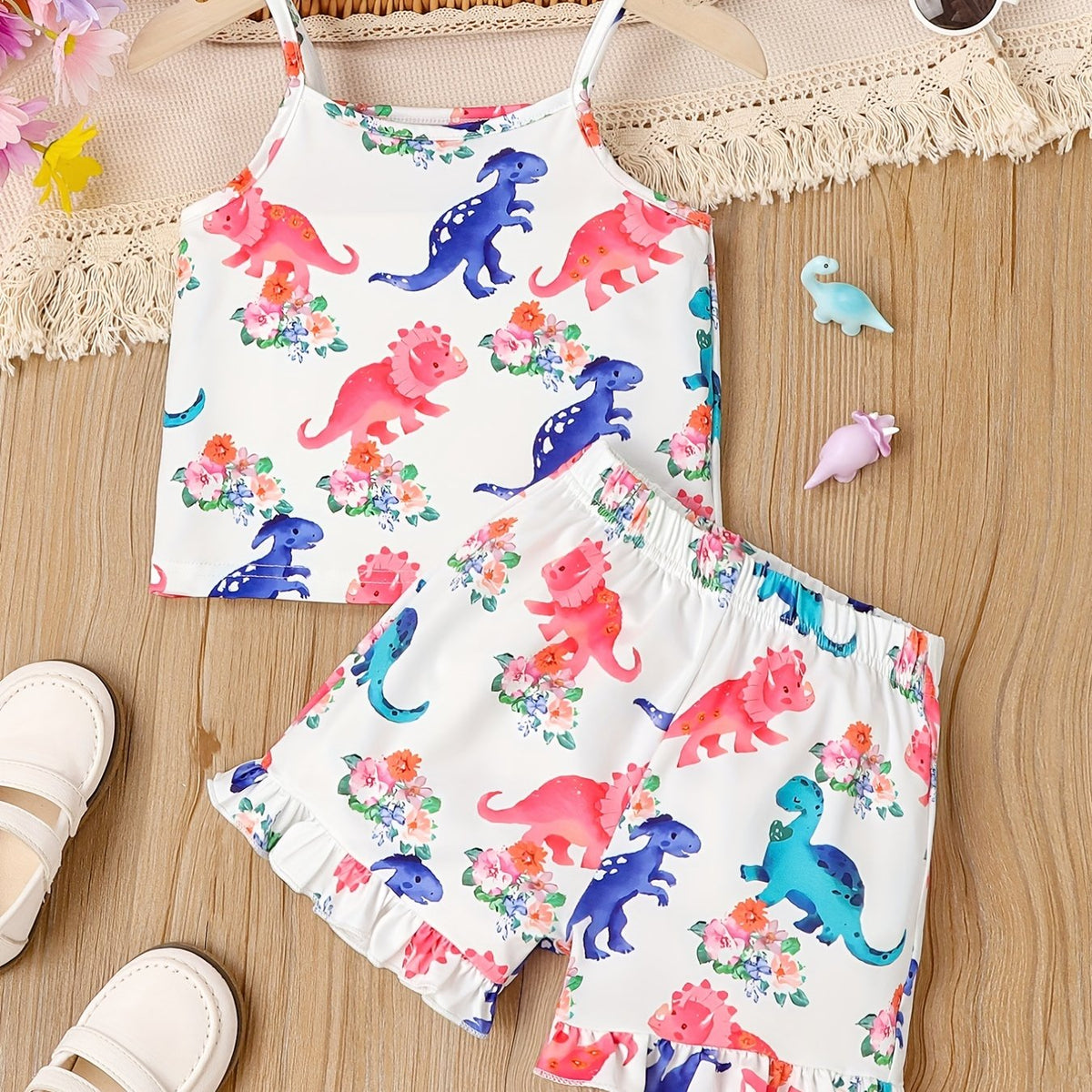 Girl's Dino Print Tank Top & Frilled Shorts Set