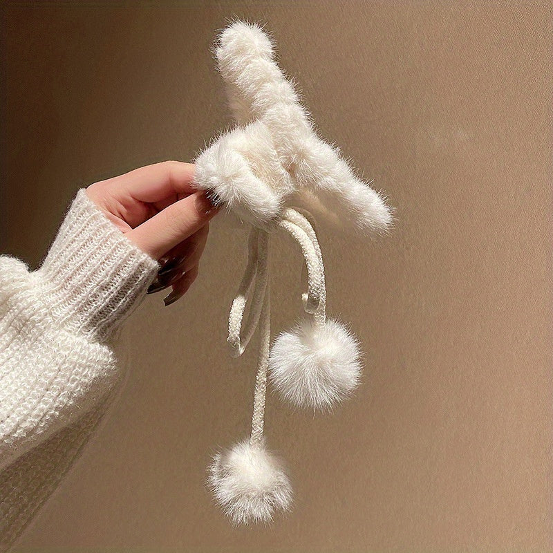 Plush Hair Claw With Fluffy Ball Tassel Ponytail Holder