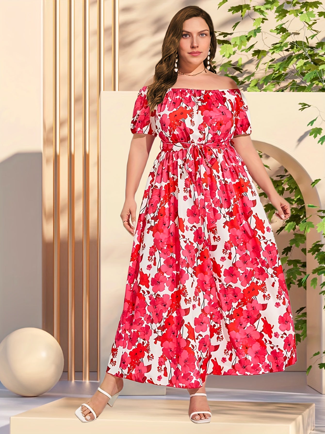 Floral Print Off Shoulder Maxi Dress With Belt