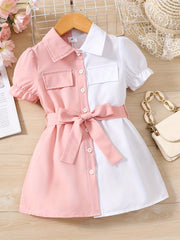 Toddler Girls Puff Sleeve Button Block Casual Shirt Dress