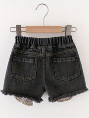 Girls Distressed Leopard Pattern Denim Shorts Kids Summer Beach Pants
