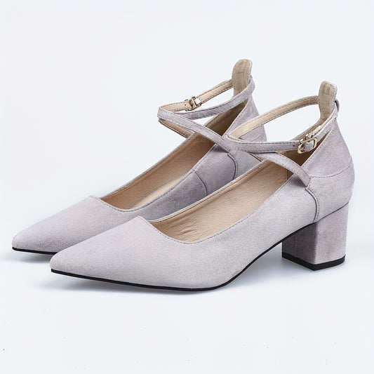 Women's Pointed Toe Chunky Heels Solid Ankle Strap Mid Heels