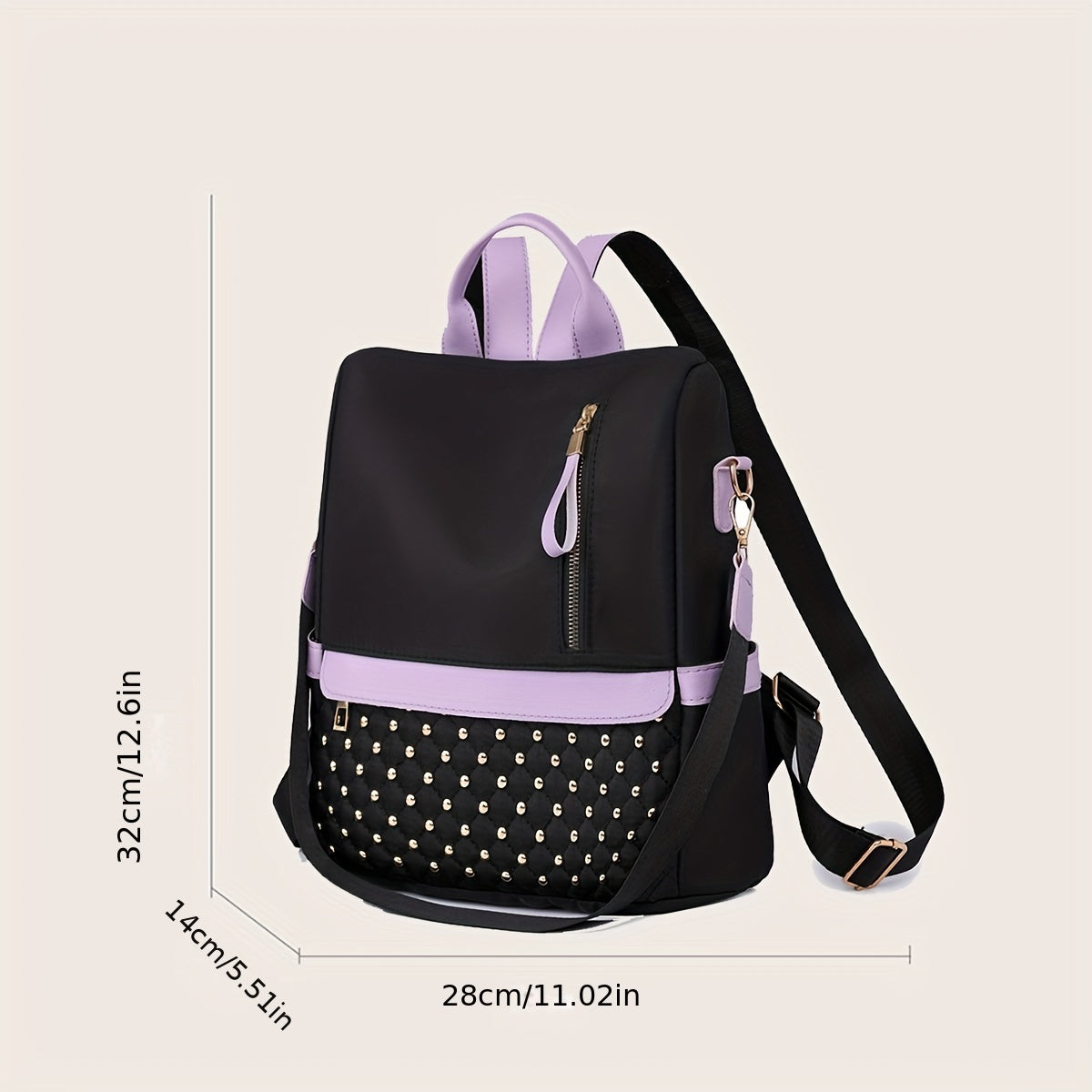 Oxford Cloth Backpack Purse Studded Decor Convertible Shoulder Bag
